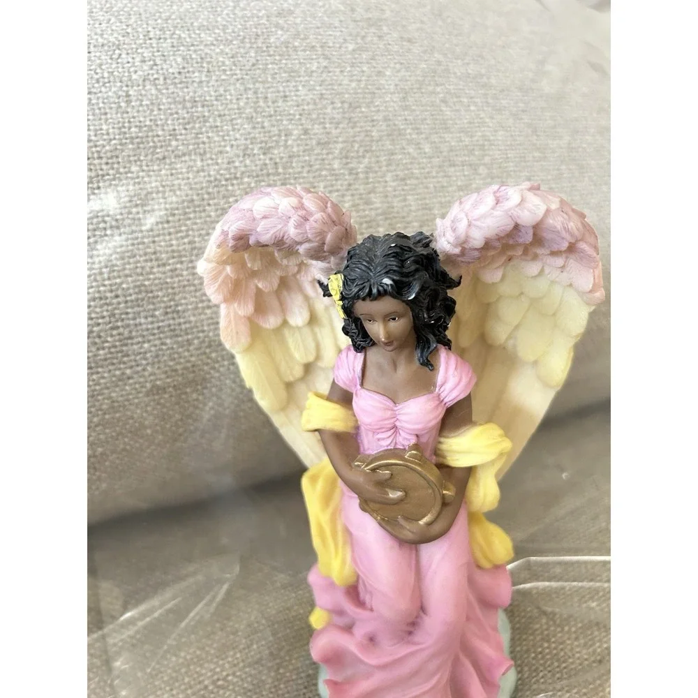 HERTCO Angel Figurine Pink Dress Gold‎ Tambourine Pastel Wings Resin 6-7